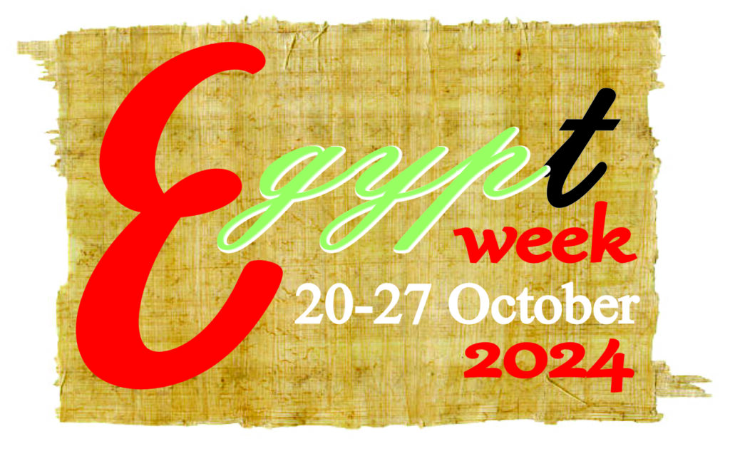 Egypt Week 20-27 October 2024 (red, green, black, and white lettering on a papyrus background)