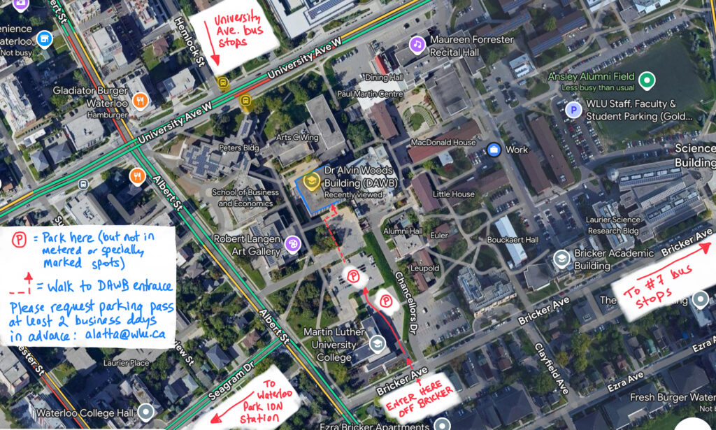 An aerial photo of the Wilfrid Laurier University campus showing places to park and directions to transit.