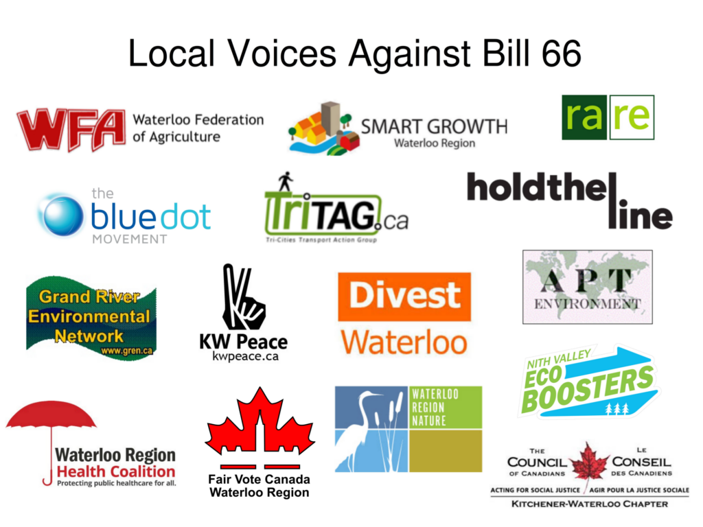 Local Voices Against Bill 66 with logos for: Waterloo Federation of Agriculture; Smart Growth Waterloo Region; RARE; Hold The Line; The Bluedot Movement; Grand River Environmental Network; Divest Waterloo; TriTAG.ca; APT Environment; Nith Valley Ecoboosters; Waterloo Region Health Coalition; Fair Vote Canada Waterloo Region; KWPeace; The Council of Canadians; Waterloo Region Nature.