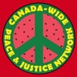 Canada-Wide Peace & Justice Network (yellow letters on a green peace symbol on a red background; the inside of the green peace symbol is coloured like a watermelon)