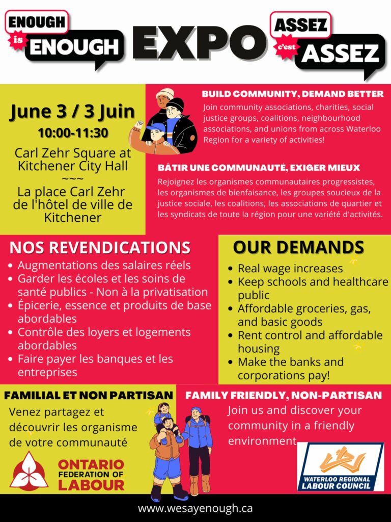 Enough is Enough | Expo | Assez C'est Assez (an illustrated info sheet with lots of text; see https://ofl.ca/enough-is-enough/ for the actual text)