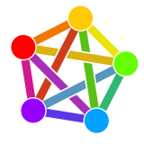 (multi-coloured pentagram with a full mesh of links to each vertex, whcih are represented by a coloured circle)