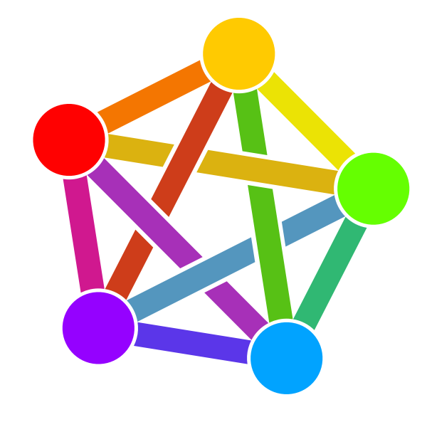 (multi-coloured pentagram with a full mesh of links to each vertex, which are represented by a coloured circle)