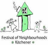 Festival of Neighbourhoods Kitchener (child's stick figure drawing of two people on either side of a house painted to look like a green arrow pointing up)