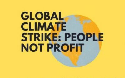 Global Climate Strike: People Not Profit (black letters over a globe, all on a yellow background)