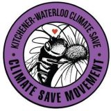 Kitchener-Waterloo Climate Save | Climate Save Movement (words black on purple in a circle surrounding a B&W illustration of a bee on a flower with a little red heart over the bee)