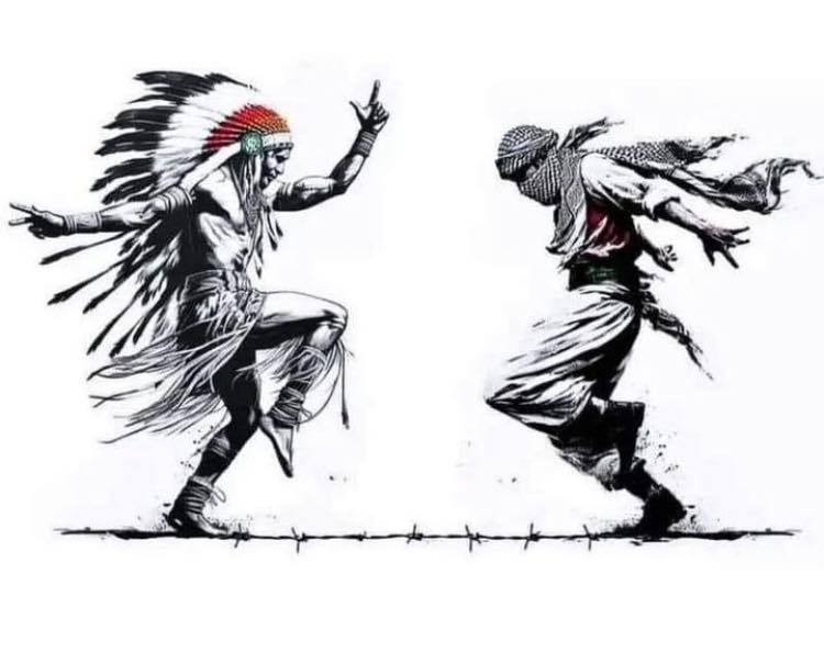 BW illustration of a First Nations man wearing a ceremonial headdress and a Palestinian man wearing a keffiyeh, both dancing on a line of barbed wire. There is a red highlight on the headdress.