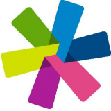 Kitchener Public Library logo (graphic of three folded rectangles, coloured green, blue, purple, arranged orthogonally to form a six-pointed object)