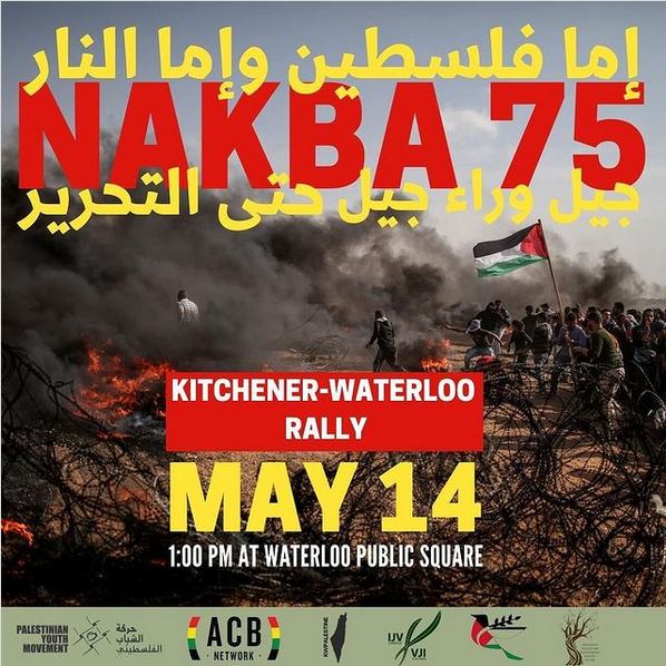 Nakba75 | Kitchener Waterloo Rally | May 14 | 1:00pm at the Waterloo Public Square (red and yellow text, also in Arabic, over a photo of people approaching a fire and smoke, one person carrying a Palestinian flag; there are coils of barbed wire in the foreground)
