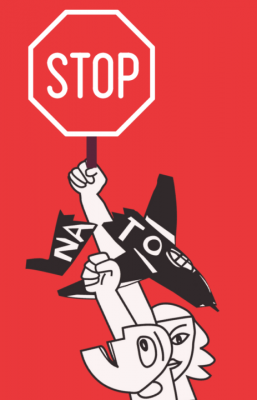 Stop NATO (illustration of a person in the style of Picasso's Guernica holding a Stop sign and a broken NATO plane, all on a red background)