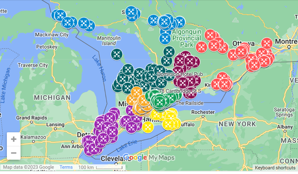 Google Map of Southern Ontario with colourful markers showing locations of polling stations for the referendum