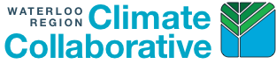 Waterloo Region Climate Collaborative (blue letters on a pale background, the WRCC logo to the right, a blue square with stylized diagonal lines representing a tree)