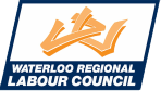Waterloo Regional Labour Council (white letters on a blue background, under stylized letters WRCL shaped to look like two intertwining arms in solidarity)