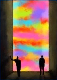 (Film poster, no text. Photo of two men in an alcove looking out at brightly coloured clouds)